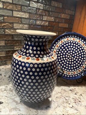 Blue and White Polka Dot Ceramic Vase by